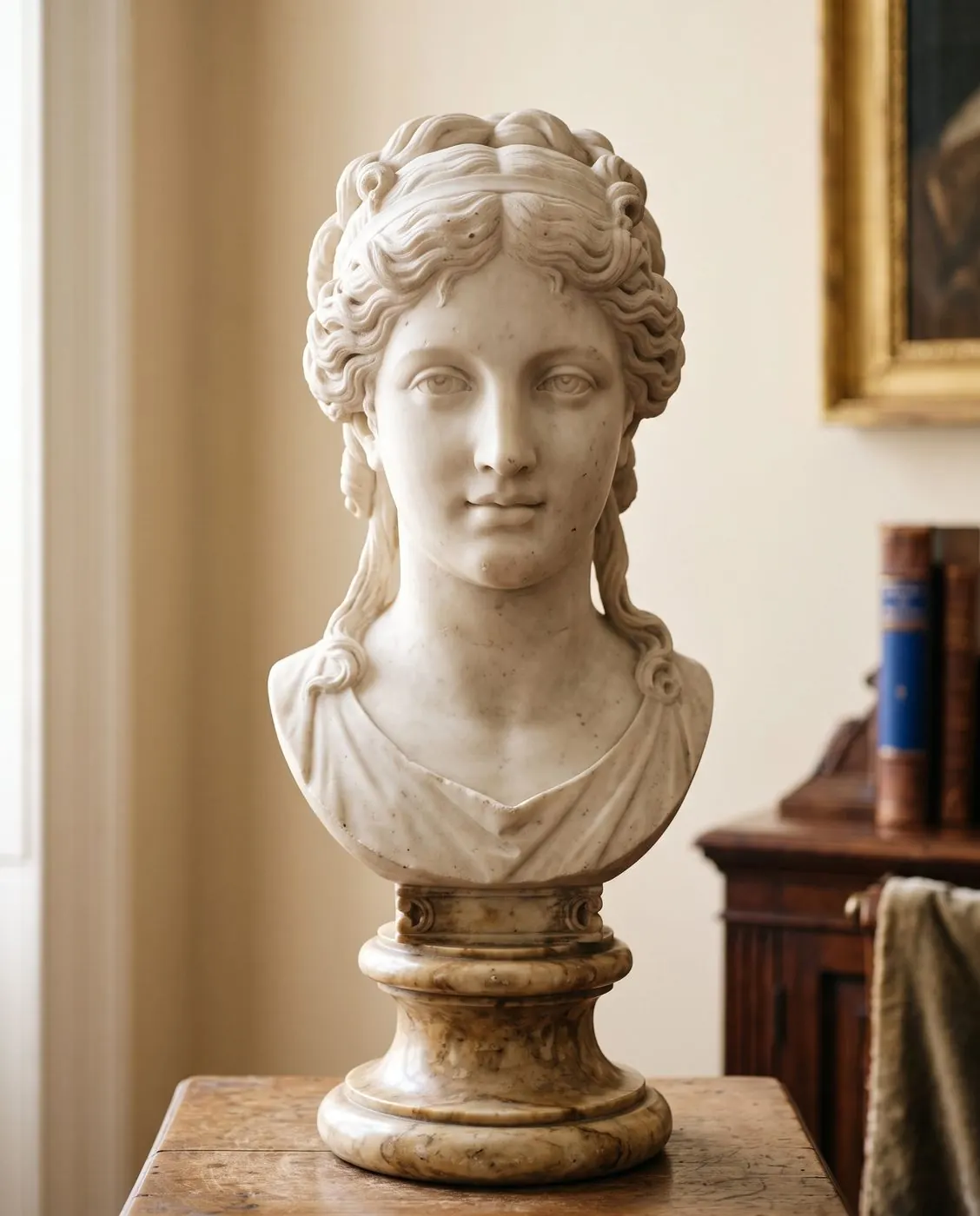 White marble classical bust, soft side light