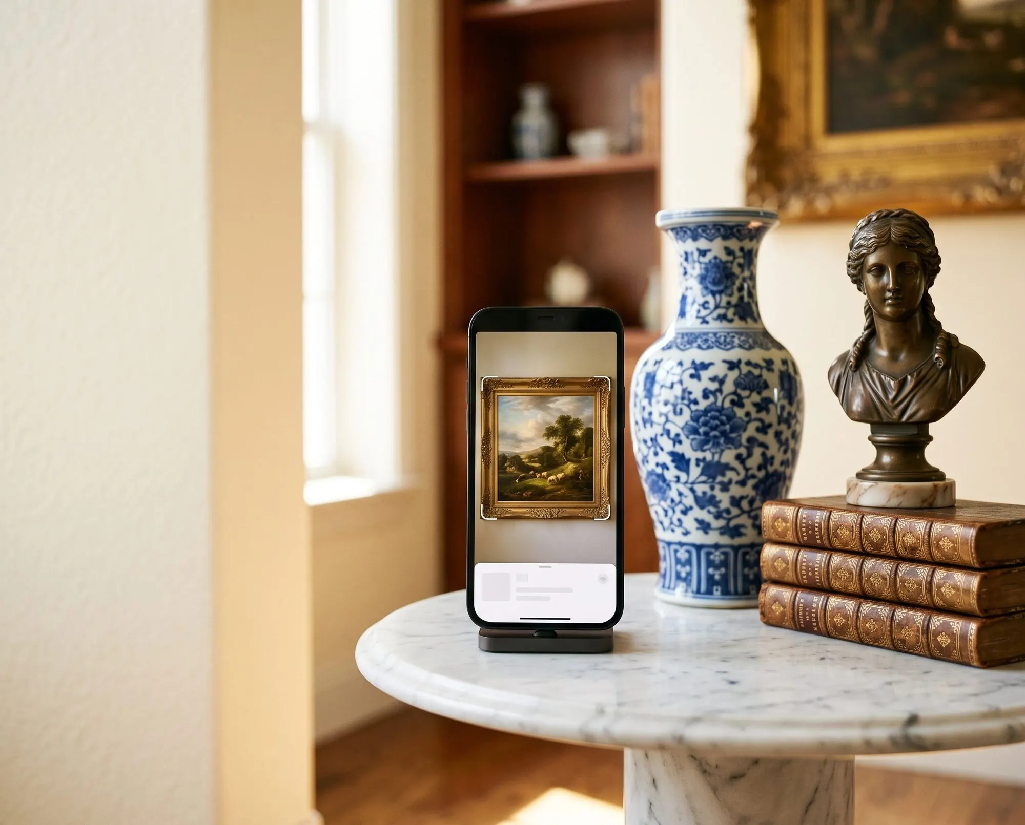 Hero scene: phone showing the ArtTag scan of a gilt-framed landscape, blue-and-white vase, bronze bust, leather books titled Art / Antiques / Collectibles