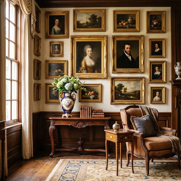 Room of framed paintings and antiques