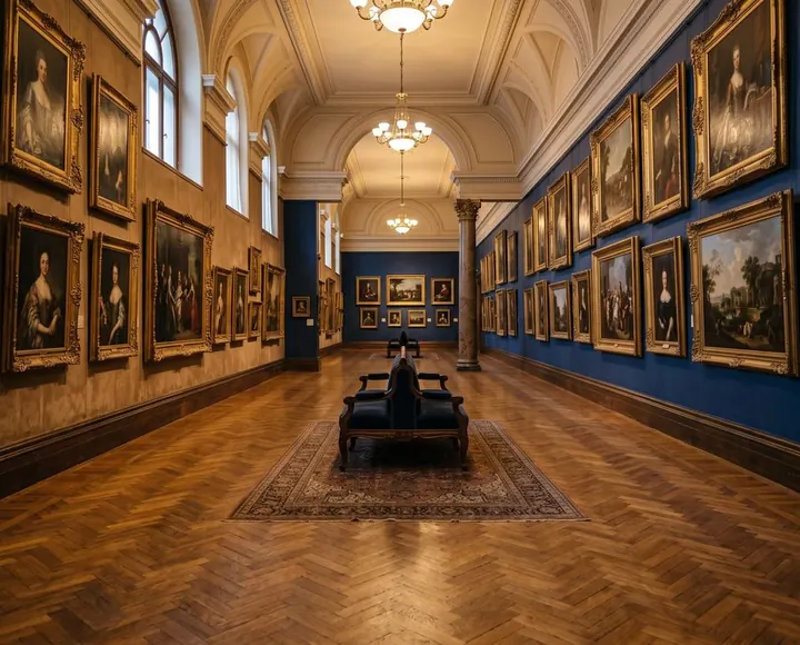 Museum gallery hall with framed works